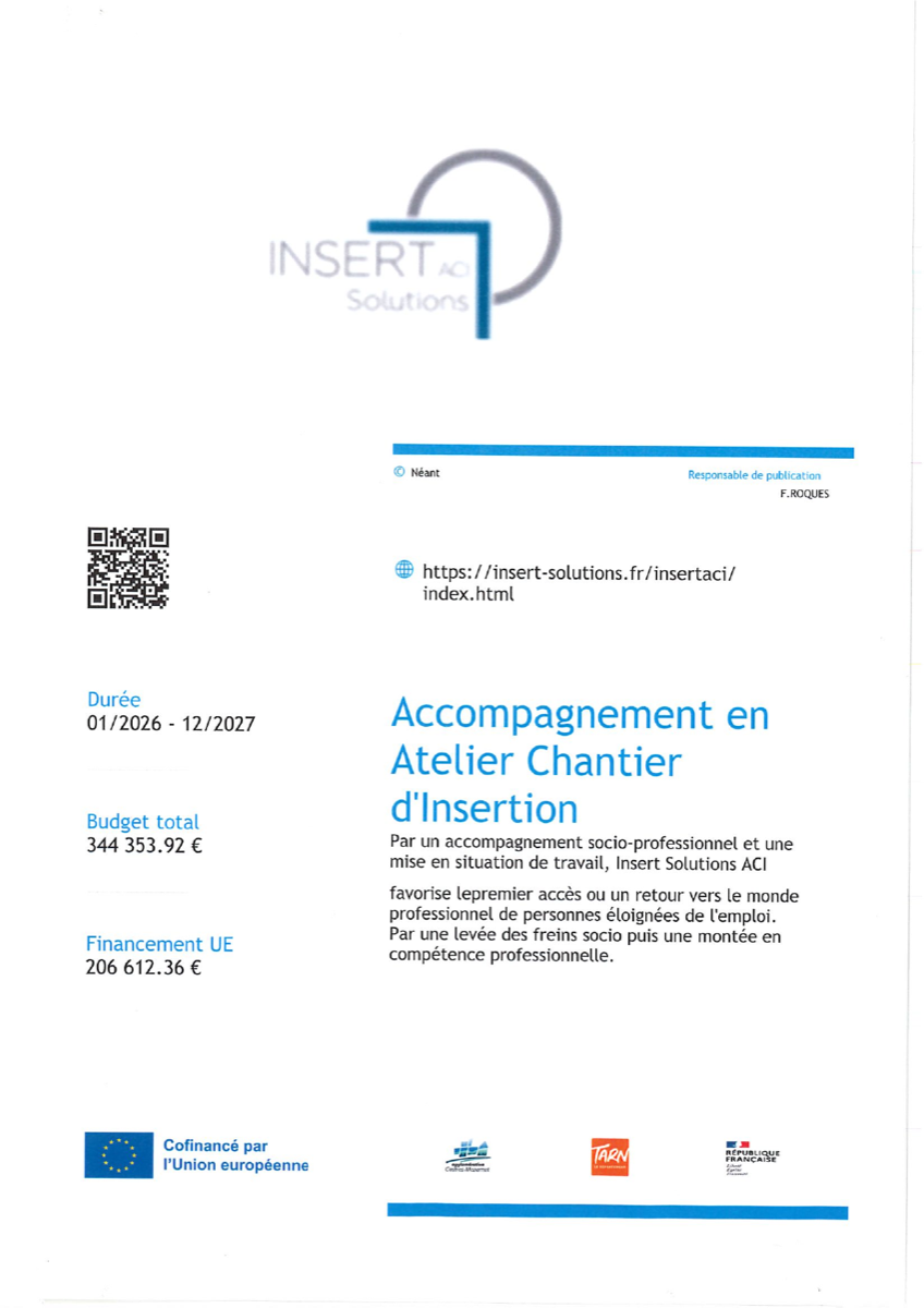 Affiche Fonds social européen 2026-2027 – Accompagnement en Atelier Chantier d'Insertion